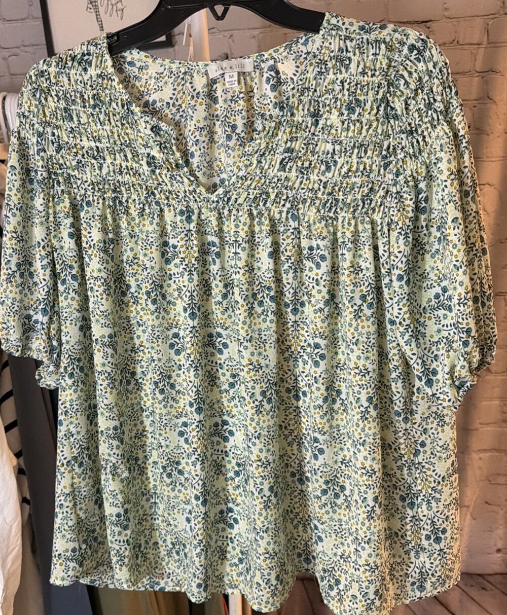 Alex & Lili Floral Smocked Blouse Green Women’s M
